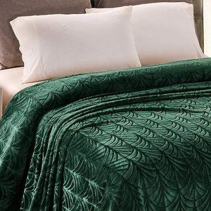 Forest Green Art Deco Fan King Size Plush Texture Soft Velvety Throw Blanket New